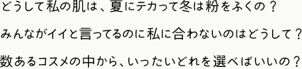 どうして私の肌は、夏にテカって冬は粉をふくの？みんながイイと言ってるのに私に合わないのはどうして？数あるコスメの中から、いったいどれを選べばいいの？